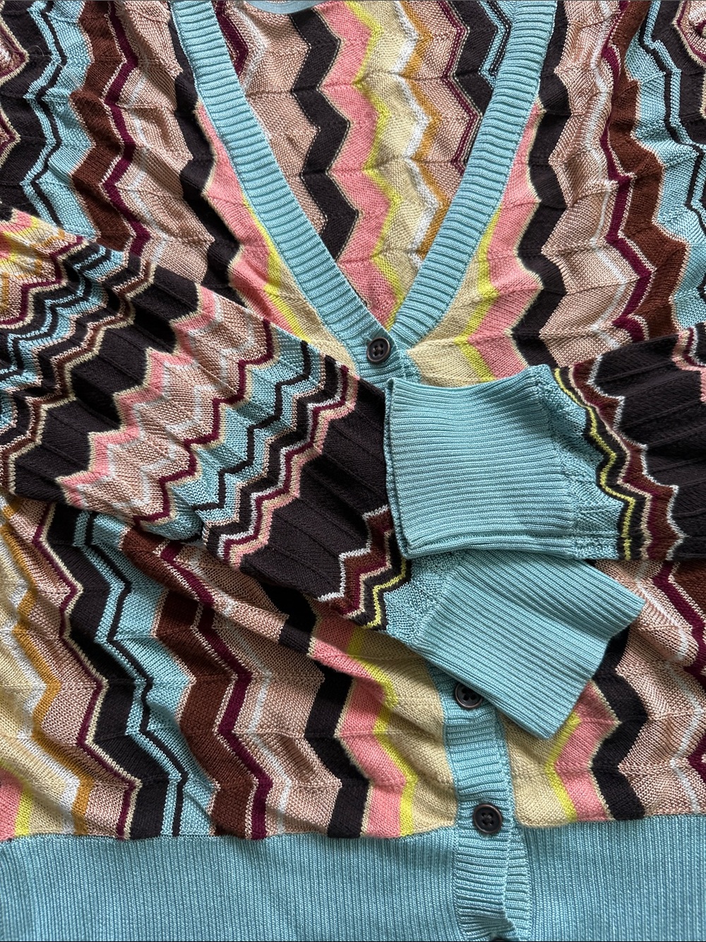 Missoni Multicolor Zigzag Knit Cardigan with Light Blue Trim - Picture 3 of 4